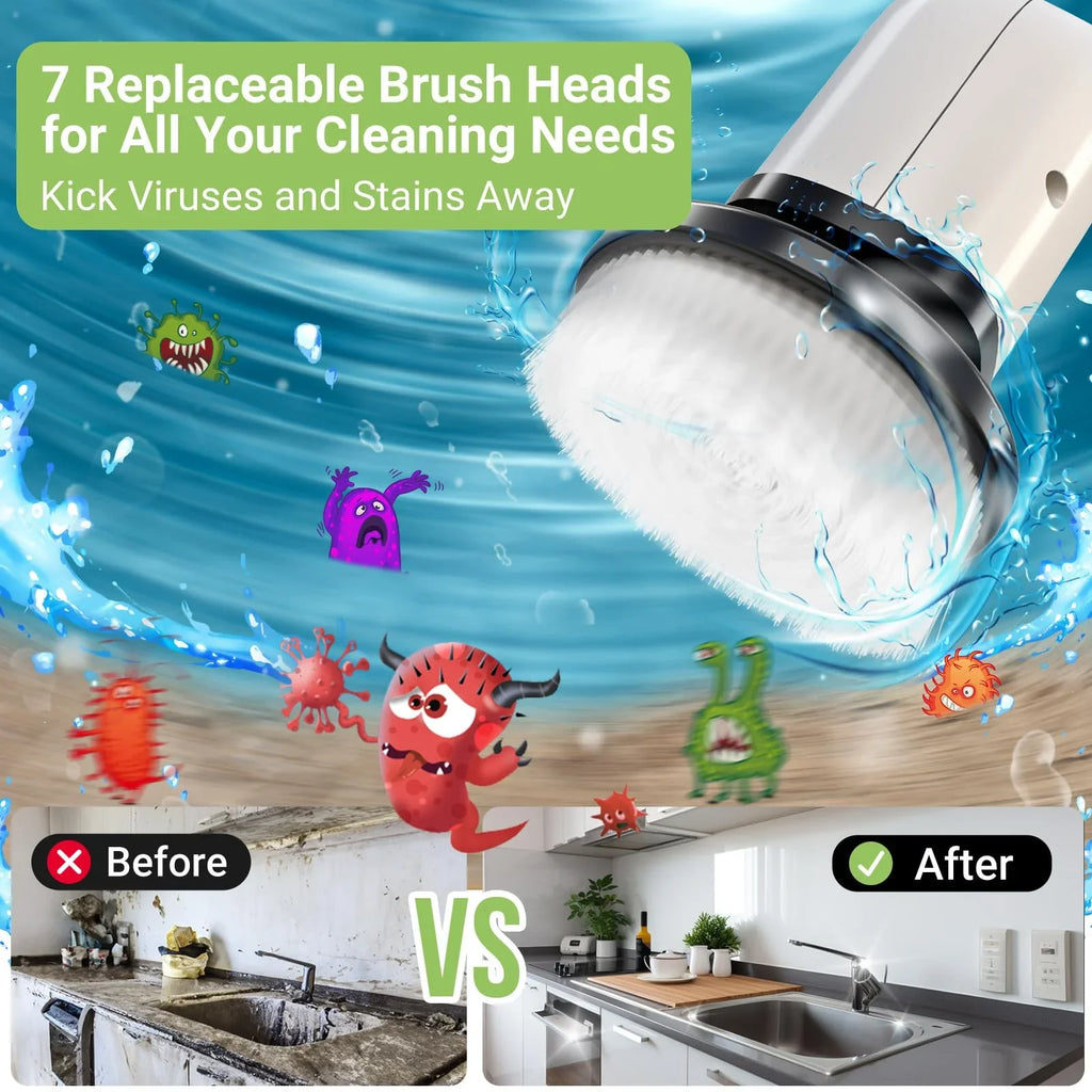 TurboScrub Pro™ Cordless Spin Scrubber with 8 Brush Heads & Long Handle