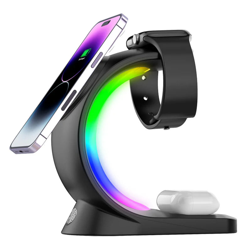 3-in-1 Magnetic Wireless Charging Station with Ambient Light for Phone, Watch & Earbuds