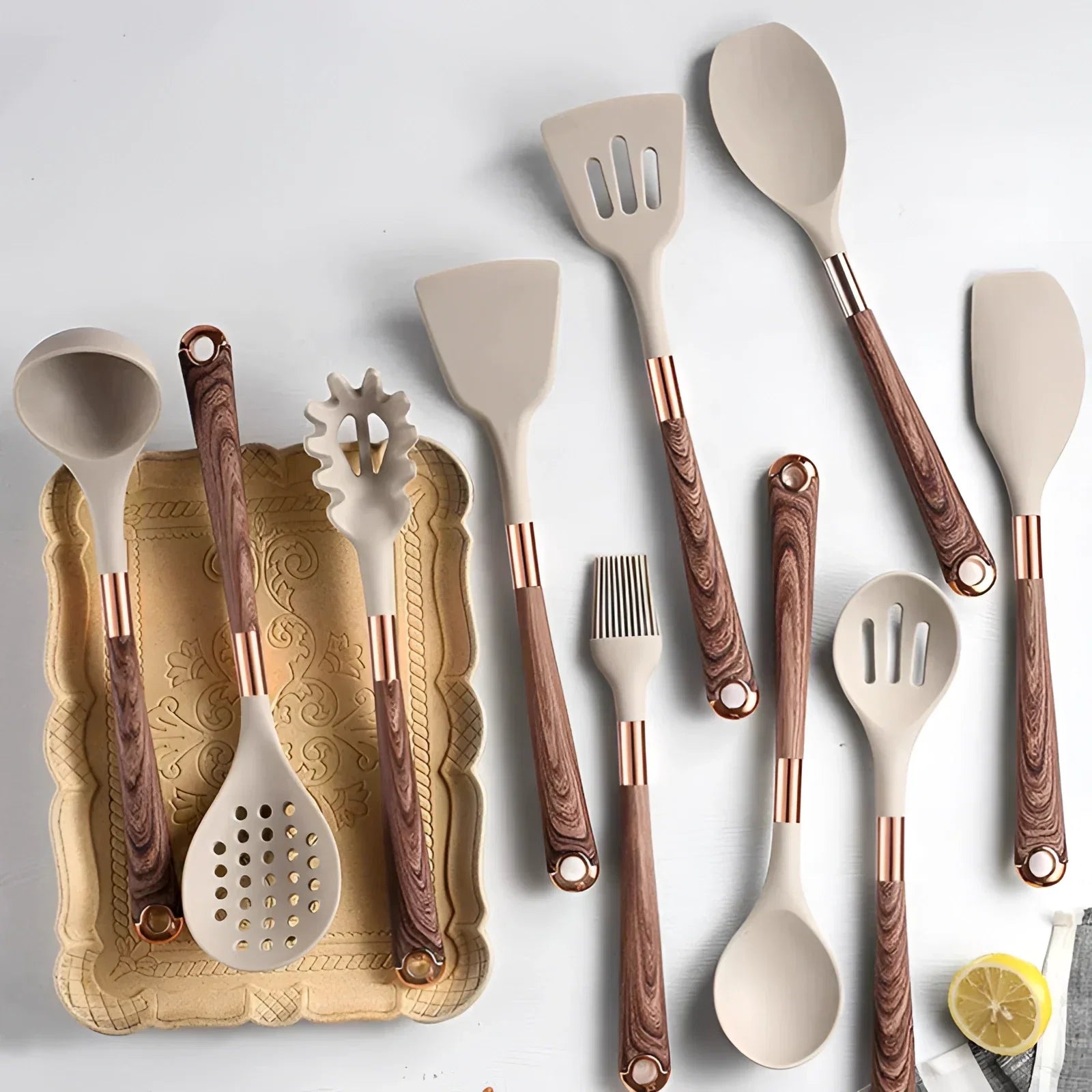 Luxury Silicone Kitchen Utensil Set with Copper & Wood Handles