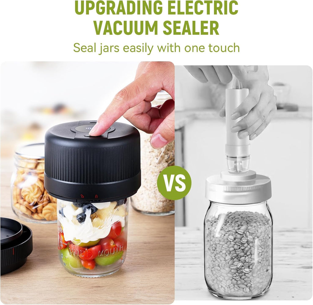 Electric Mason Jar Vacuum Sealer Kit with Auto-Stop Cordless One-Button Vacuum Sealer for Wide & Regular Mouth Jars, LED Display, Includes 8 Lids for Food Storage & Canning