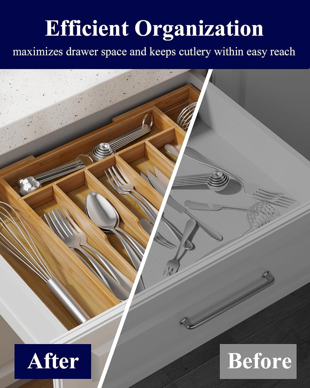 Silverware Organizer - Expandable Bamboo Kitchen Drawer Organizer, Adjustable Cutlery Tray for Kitchen Storage & Organisation, Large