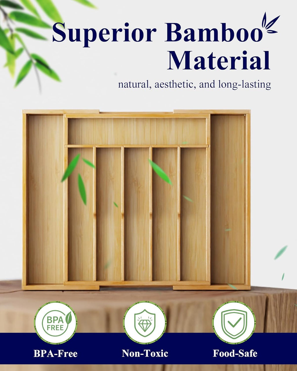 Silverware Organizer - Expandable Bamboo Kitchen Drawer Organizer, Adjustable Cutlery Tray for Kitchen Storage & Organisation, Large