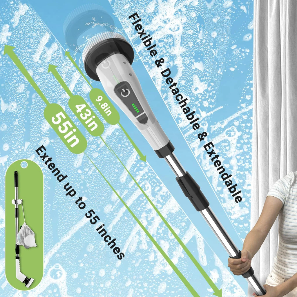 TurboScrub Pro™ Cordless Spin Scrubber with 8 Brush Heads & Long Handle