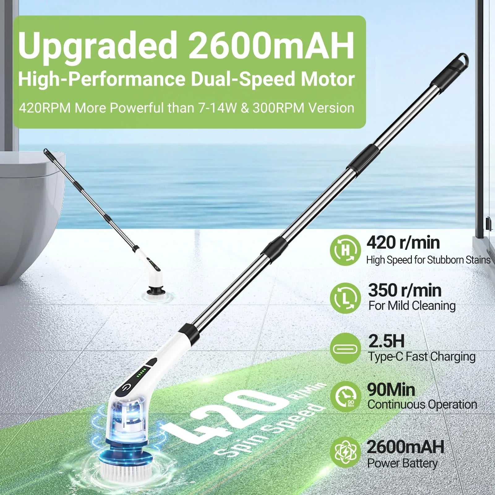 TurboScrub Pro™ Cordless Spin Scrubber with 8 Brush Heads & Long Handle