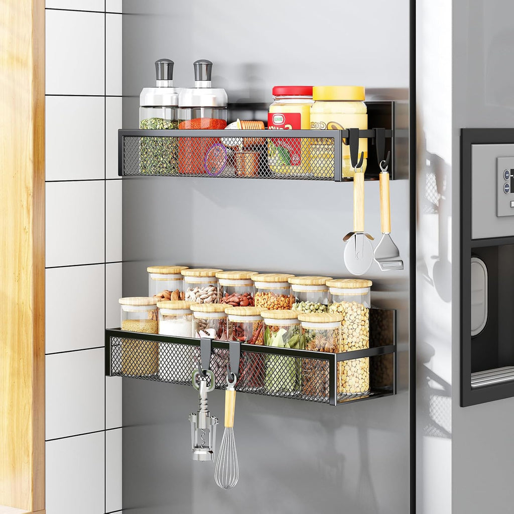 Magnetic Spice Rack for Refrigerator,  2 Pack Magnetic Shelf, Fridge Magnet Organizer with Moveable 4 Hooks, Magnetic Fridge Shelf for Kitchen Organization and Storage (2 Pack)