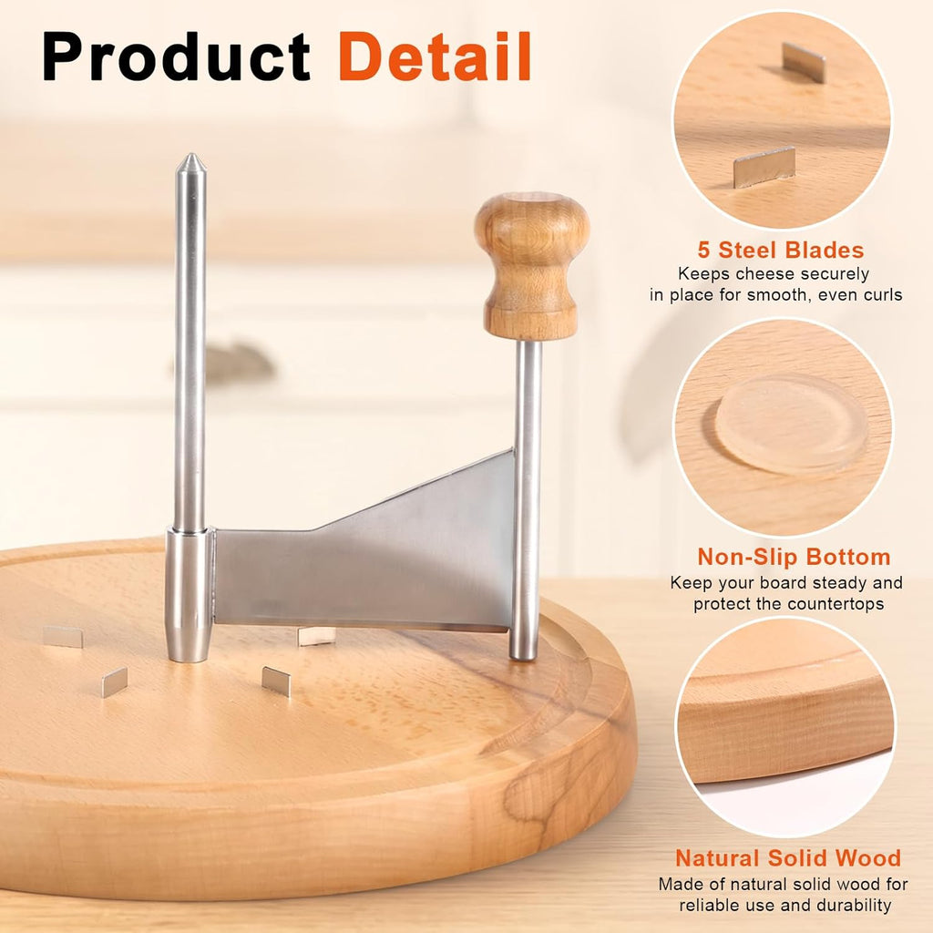 Wooden Cheese Wheel Cutter, Stainless Steel round Cheese Curler Slicer Maker Shaver with Handle Kitchen Accessories for Butter Chocolate Home Restaurants Cafes Bakery