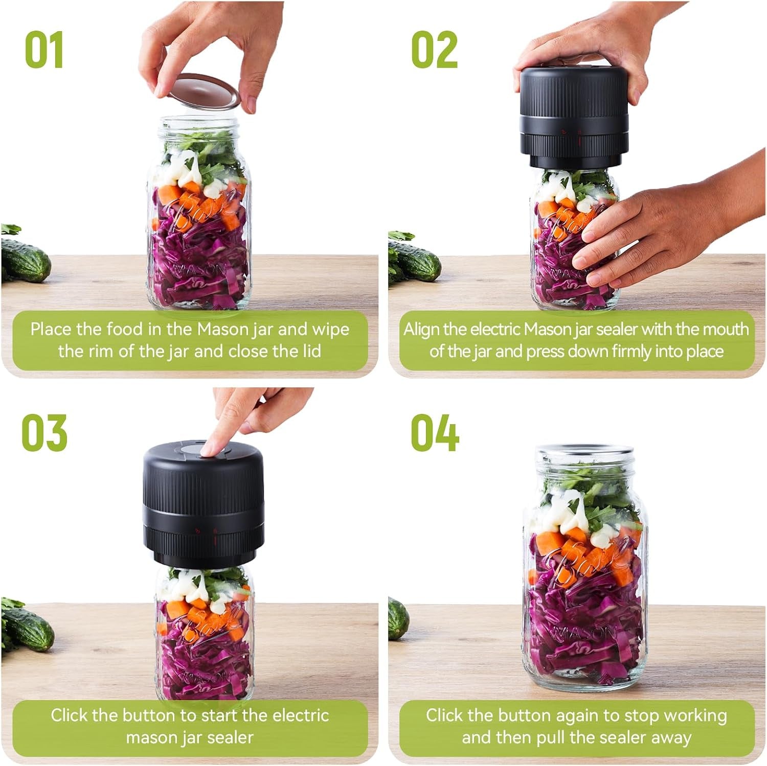 Electric Mason Jar Vacuum Sealer Kit with Auto-Stop Cordless One-Button Vacuum Sealer for Wide & Regular Mouth Jars, LED Display, Includes 8 Lids for Food Storage & Canning