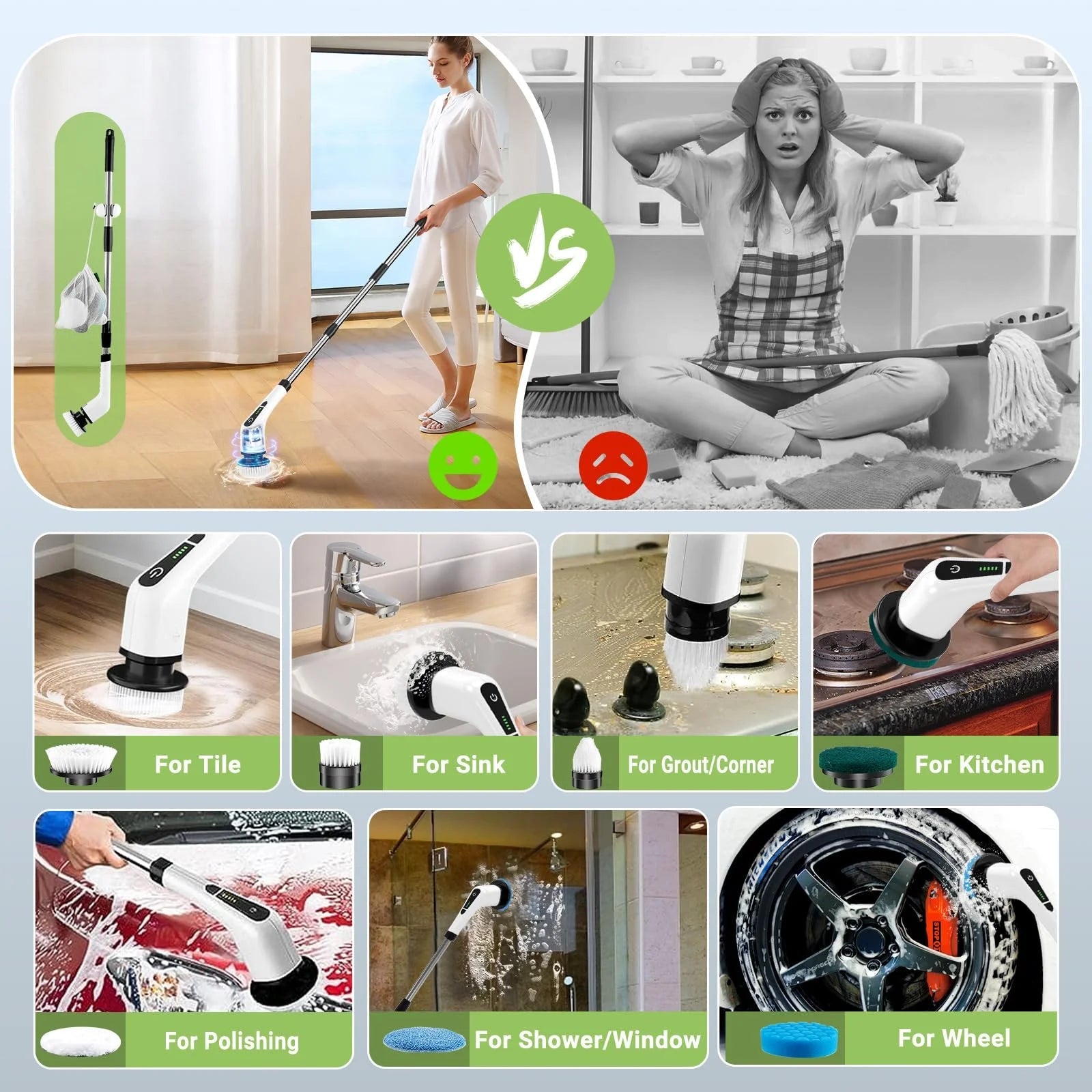TurboScrub Pro™ Cordless Spin Scrubber with 8 Brush Heads & Long Handle