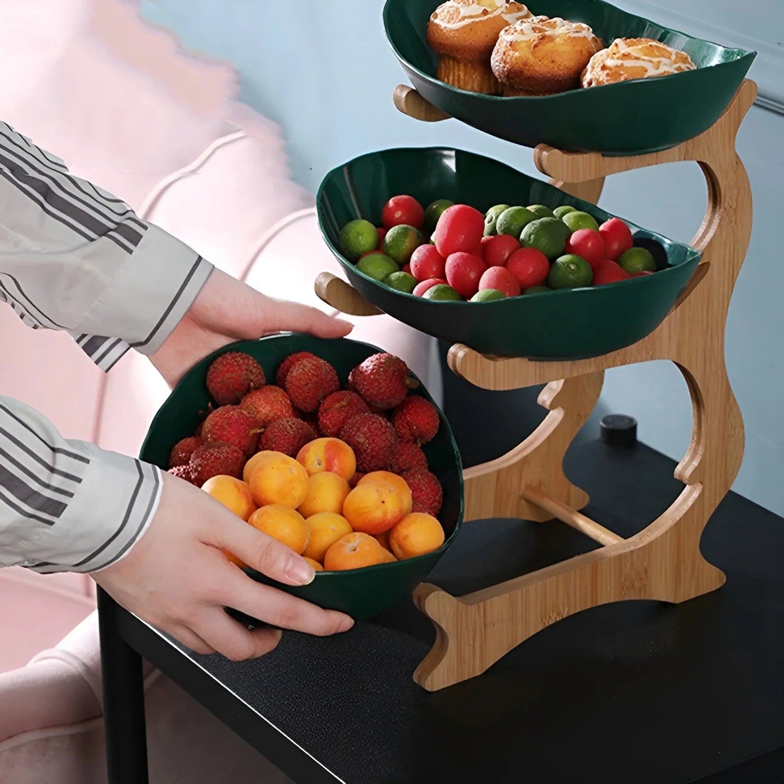 HarvestNest 3-Tier Wooden Fruit Basket Stand with Bowls