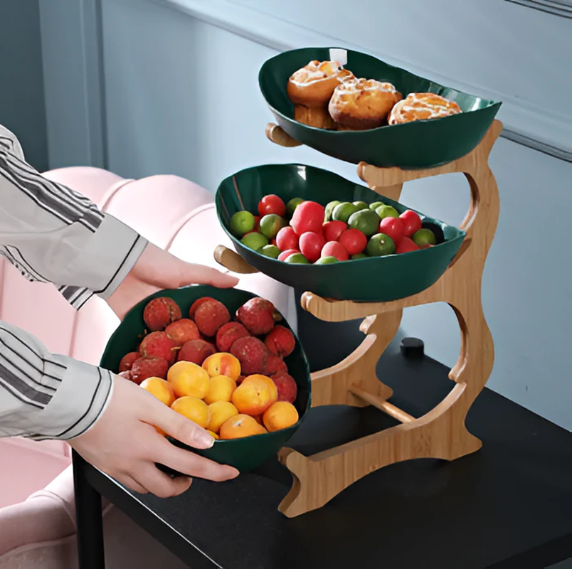 HarvestNest 3-Tier Wooden Fruit Basket Stand with Bowls