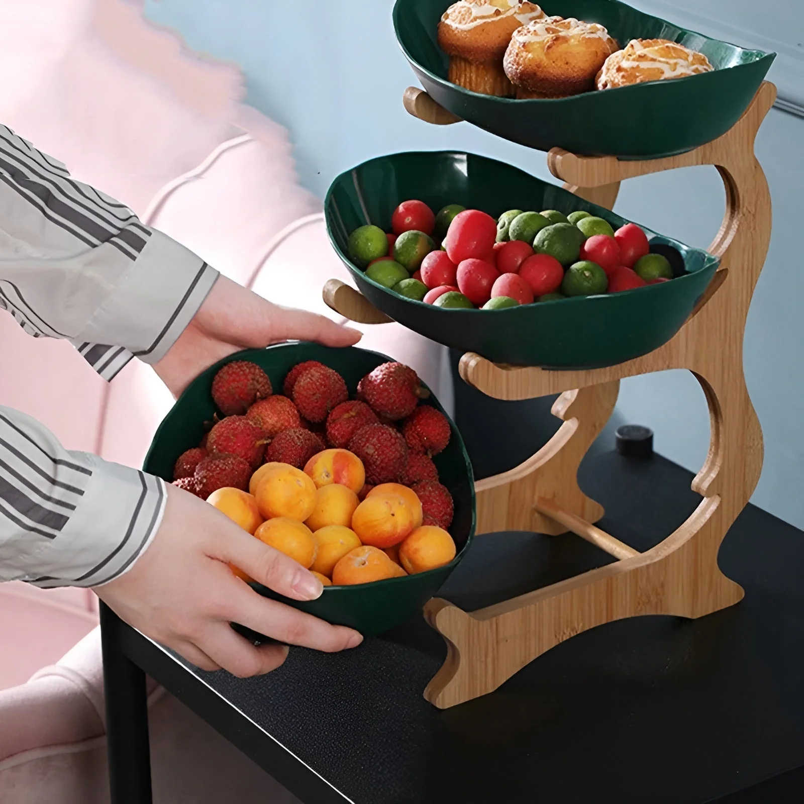HarvestNest 3-Tier Wooden Fruit Basket Stand with Bowls
