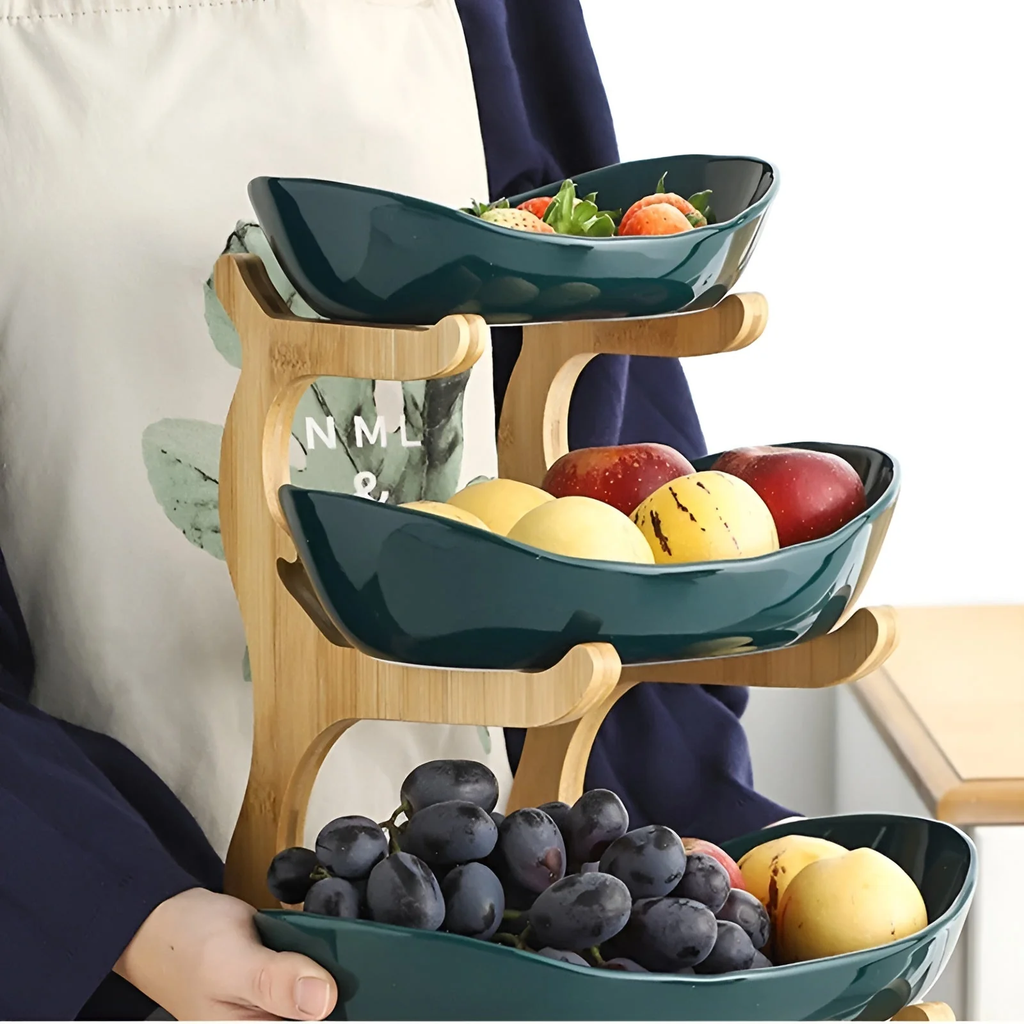 HarvestNest 3-Tier Wooden Fruit Basket Stand with Bowls