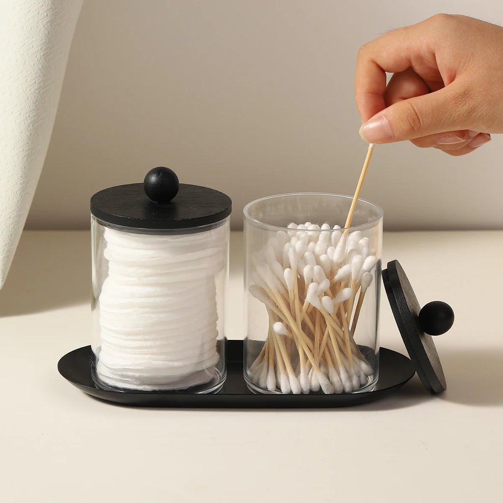 2 Pack Qtip Holder Dispenser with Tray Bathroom Jar Storage Organization Acrylic Apothecary Jars Canisters for Cotton Ball Qtip