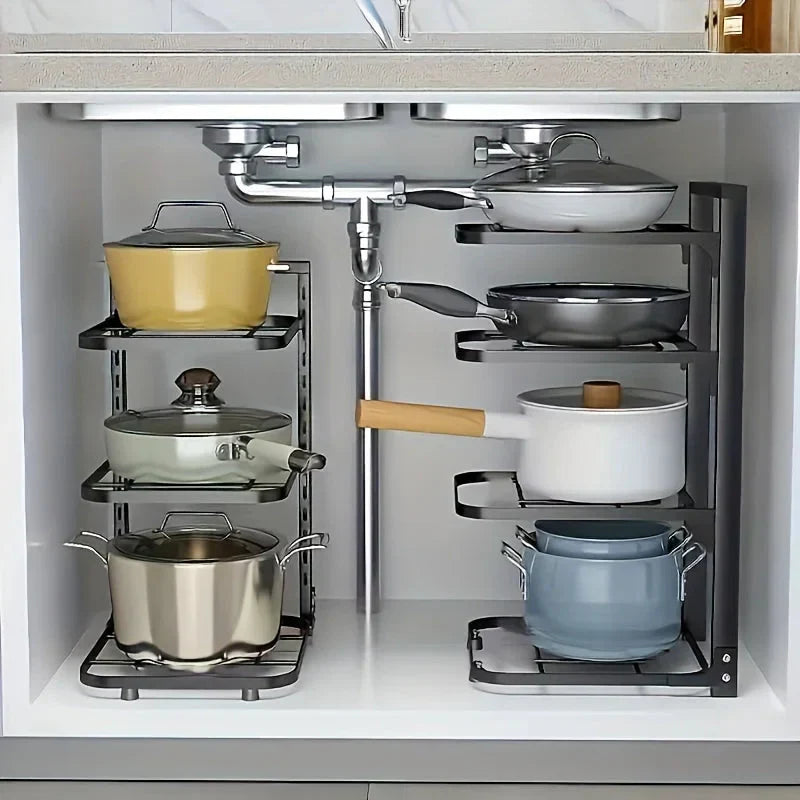 Adjustable Pot & Pan Storage Rack under cabinet displayed with pots and pans