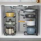 Adjustable Pot & Pan Storage Rack under cabinet displayed with pots and pans