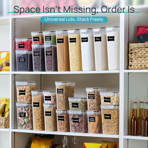Airtight Food Storage Containers with Lids,  24 Pcs Plastic Kitchen and Pantry Organization Canisters for Cereal, Dry Food, Flour and Sugar, Includes 24 Labels，Black