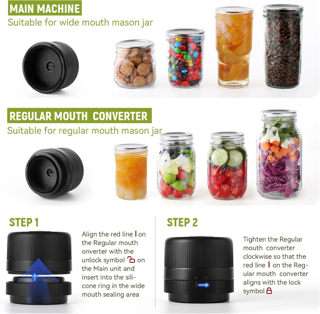 Electric Mason Jar Vacuum Sealer Kit with Auto-Stop Cordless One-Button Vacuum Sealer for Wide & Regular Mouth Jars, LED Display, Includes 8 Lids for Food Storage & Canning