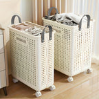 Collapsible Wheeled Laundry Basket shown in 2 different sizes full of clothes