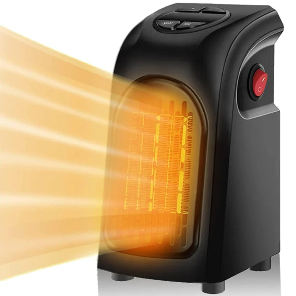 Compact Plug-In Fan Heater with Thermostat shown in black emitting heat on light ackground