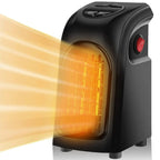 Compact Plug-In Fan Heater with Thermostat shown in black emitting heat on light ackground