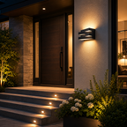 Modern house entrance with decorative wall lights and steps at night