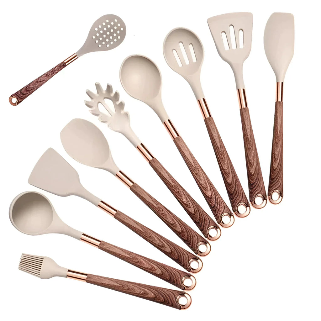 Luxury Silicone Kitchen Utensil Set with Copper & Wood Handles