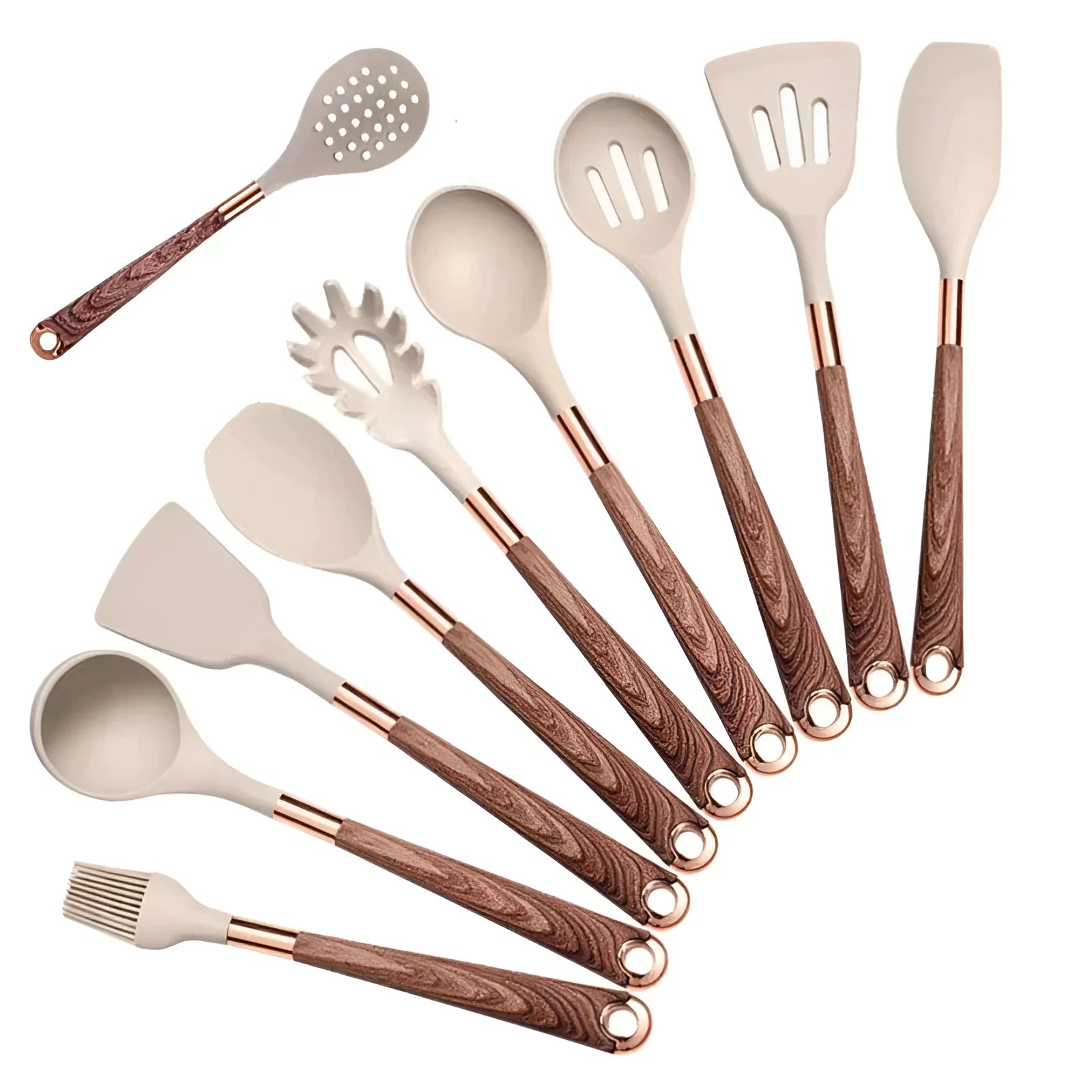 Luxury Silicone Kitchen Utensil Set with Copper & Wood Handles