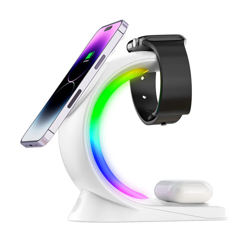3-in-1 Magnetic Wireless Charging Station with Ambient Light for Phone, Watch & Earbuds