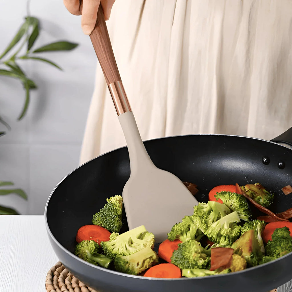 Luxury Silicone Kitchen Utensil Set with Copper & Wood Handles