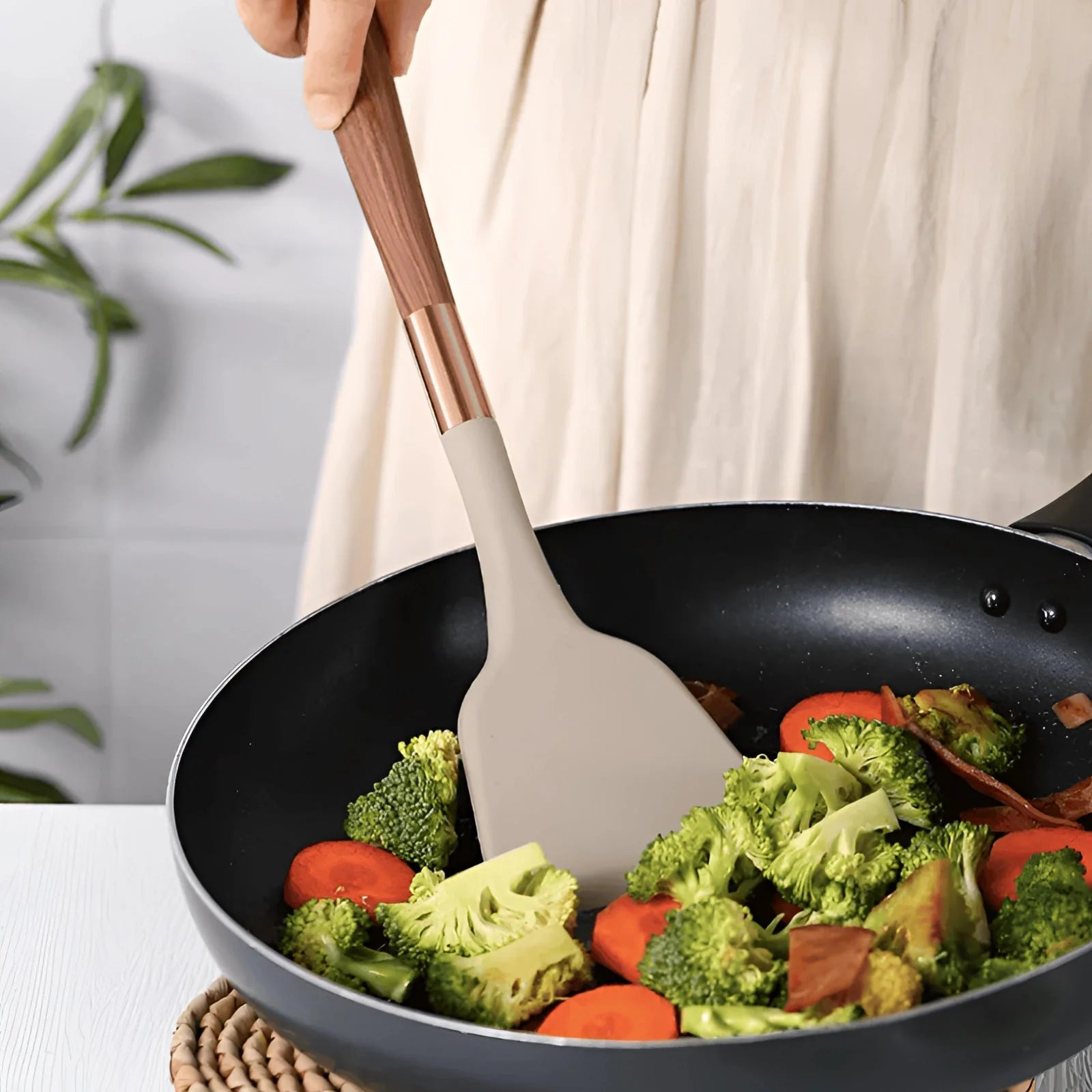 Luxury Silicone Kitchen Utensil Set with Copper & Wood Handles