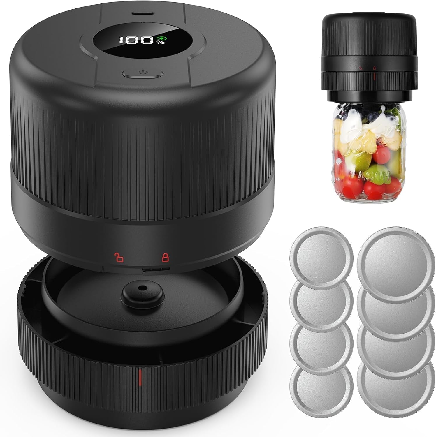 FreshSeal™ electric Mason jar vacuum sealer kit in black with LED display, shown with wide-mouth sealing base, vacuum-sealed Mason jar filled with fresh fruit, and eight reusable Mason jar lids.