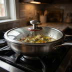 Stainless steel pan with food on a stovetop in a kitchen