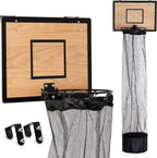 Basketball backboard set with a wooden backboard, black rim, black net, and mounting brackets on a white background.