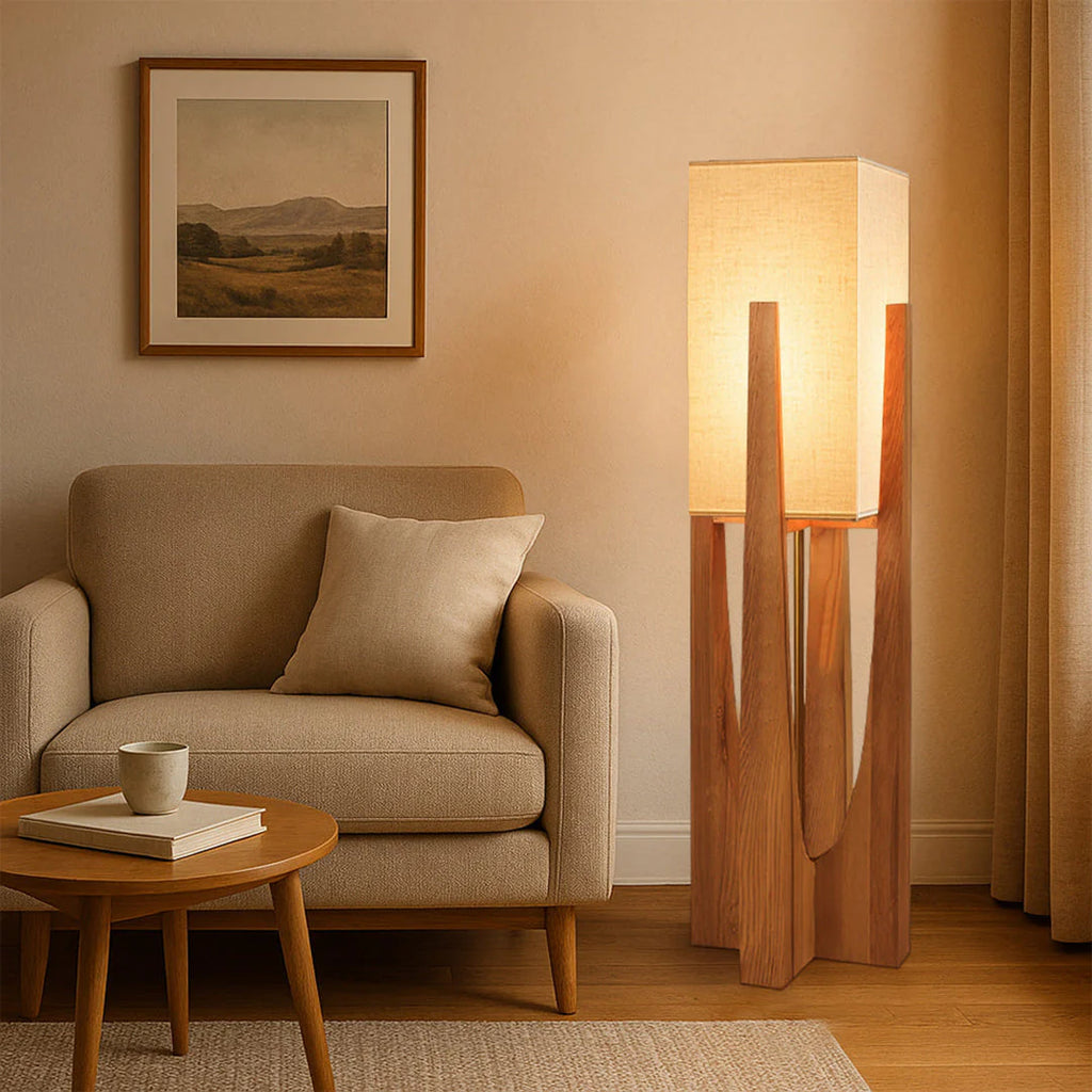 Japanese Wabi-Sabi Organic Floor Lamp – Sculptural Natural Design in living room next to accent chair