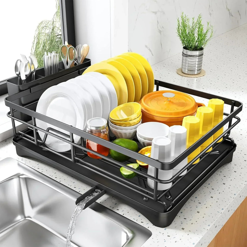 Kitchen Dish Drying Rack on kitchen counter beside sink filled with drying dishes