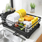 Kitchen Dish Drying Rack on kitchen counter beside sink filled with drying dishes