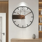 Modern Walnut Wood Wall Clock hanging on wall in living room