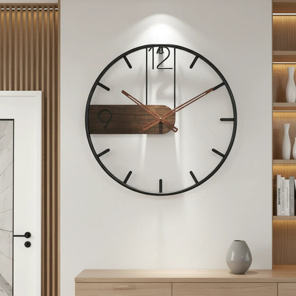 Modern Walnut Wood Wall Clock hanging on wall in living room