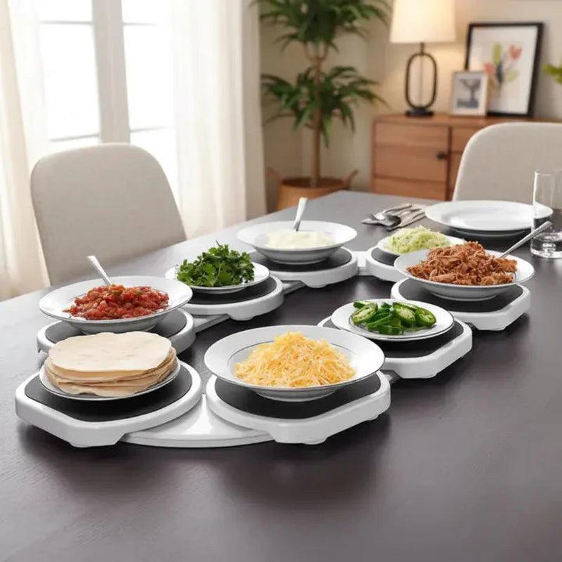 8 Plate Rotating Serving Tray with Modular Design On Dining Room Table