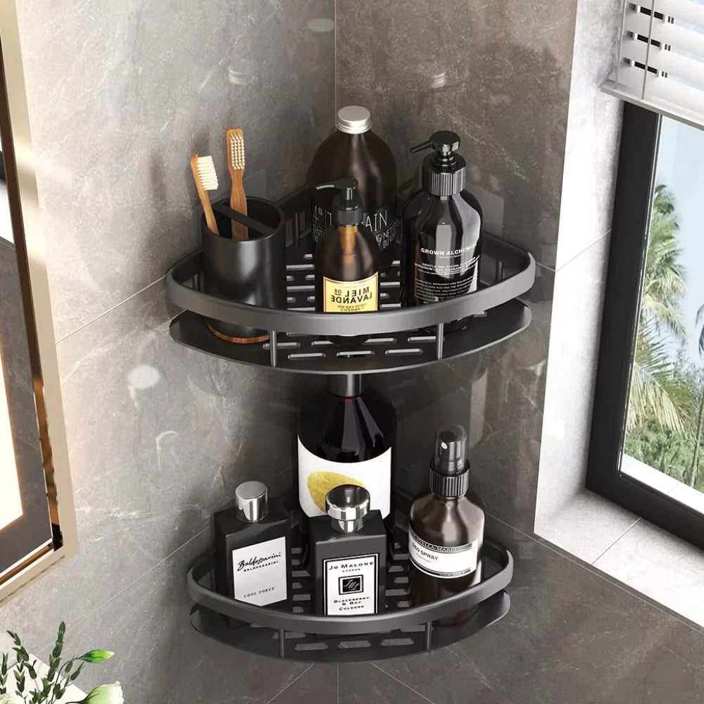 2 shelf Multi-Purpose Storage Shelf attached to corner on bathroom wall