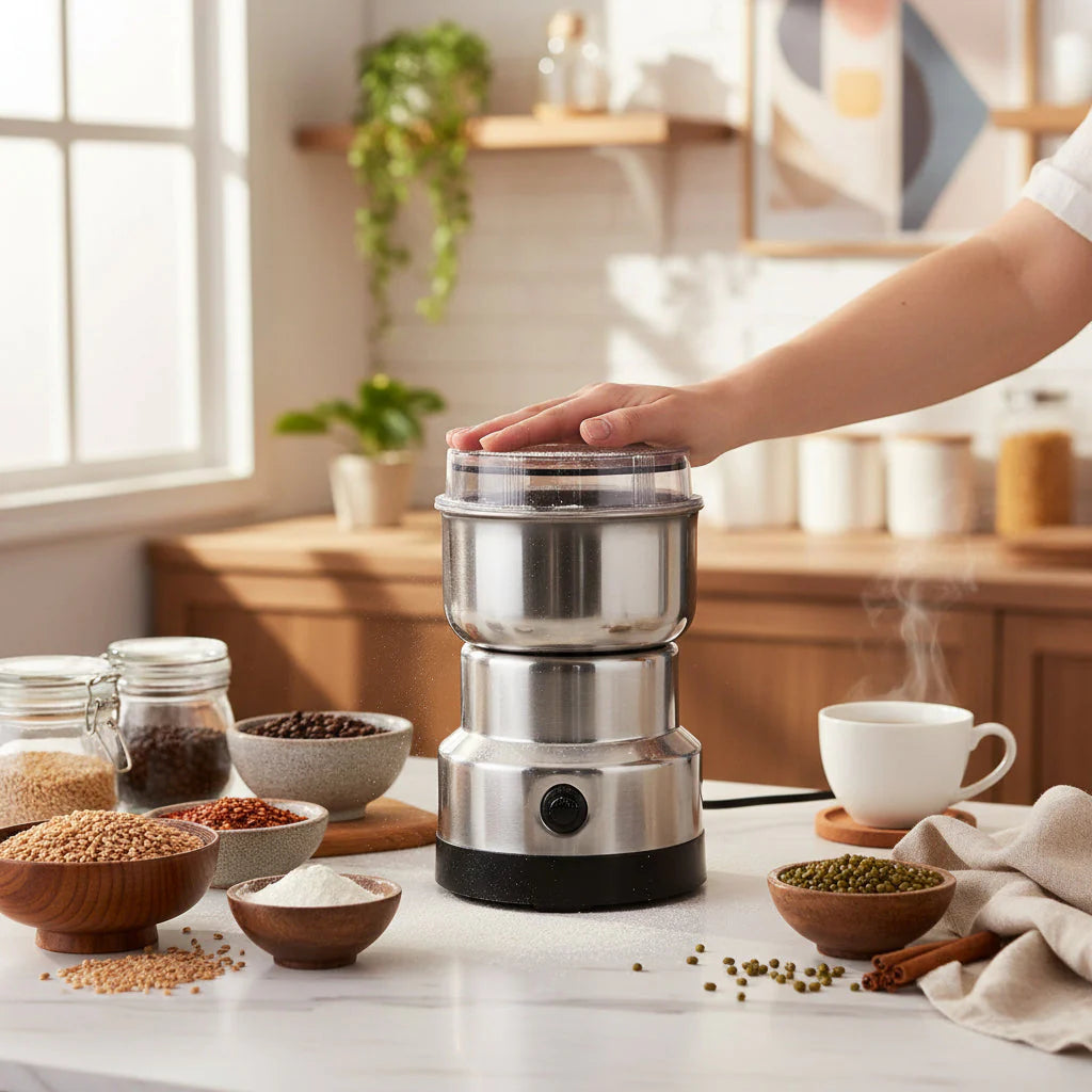 Portable One-Touch Coffee, Herb & Spice Grinder on kitchen counter grinding a selection of coffee, herbs and spices