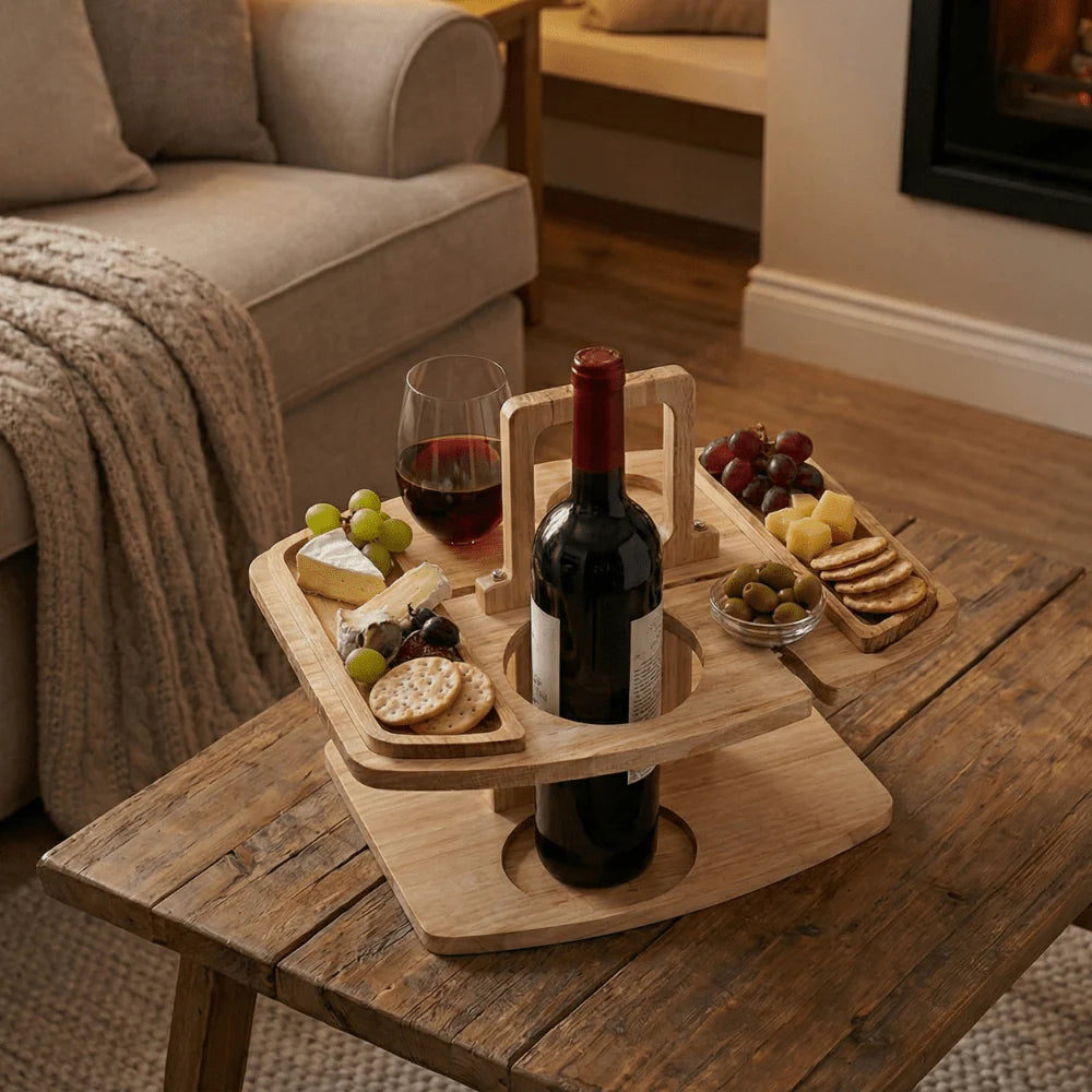 Luxury Outdoor Wooden Wine and Aperitif Table shown on coffee table in living room with wine cheese and crackers