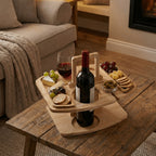 Luxury Outdoor Wooden Wine and Aperitif Table shown on coffee table in living room with wine cheese and crackers