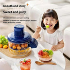 PeelPro fruit and vegetable peeler shown on coffee table in living room with young girl eating freshly peeled fruit