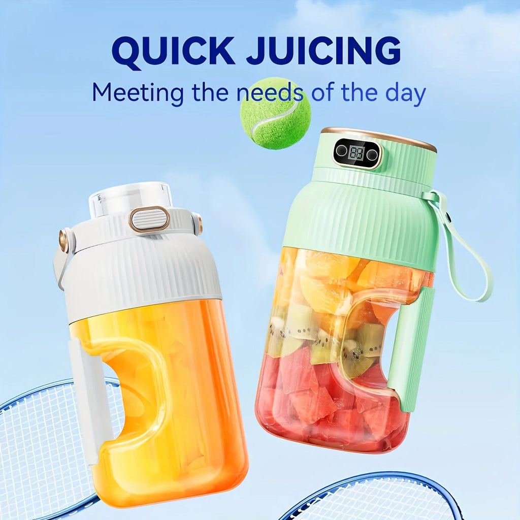 Portable Smoothie Blender in cyan and white at tennis