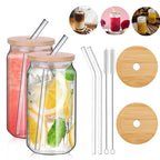 Glass Tumbler Set shown with 2 glasses bamboo cover and reusable drinking straws