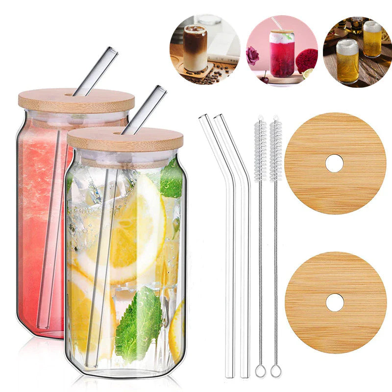 Glass Tumbler Set shown with 2 glasses bamboo cover and reusable drinking straws