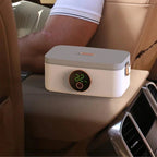 Rechargeable Heated Lunch Box on armrest in vehicle displaying temperature inside