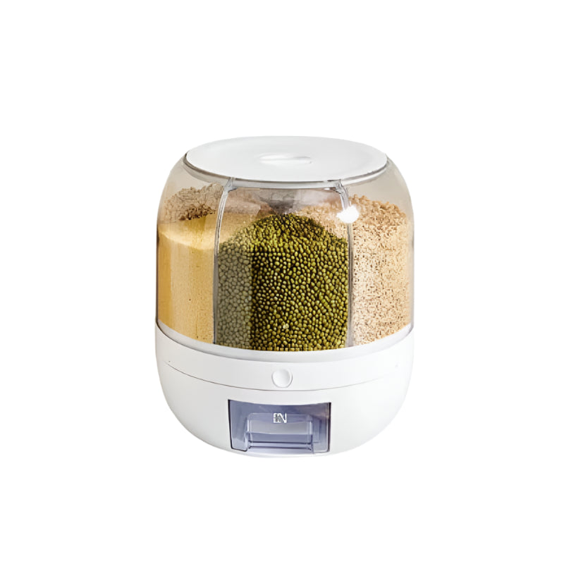 360° Rotating Dry Food Organizer for Rice, Grains & Cereal with various dry goods inside