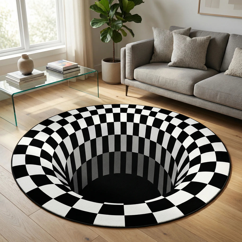 Round Vortex Floor Mat on hardwood floor in living room next to sofa